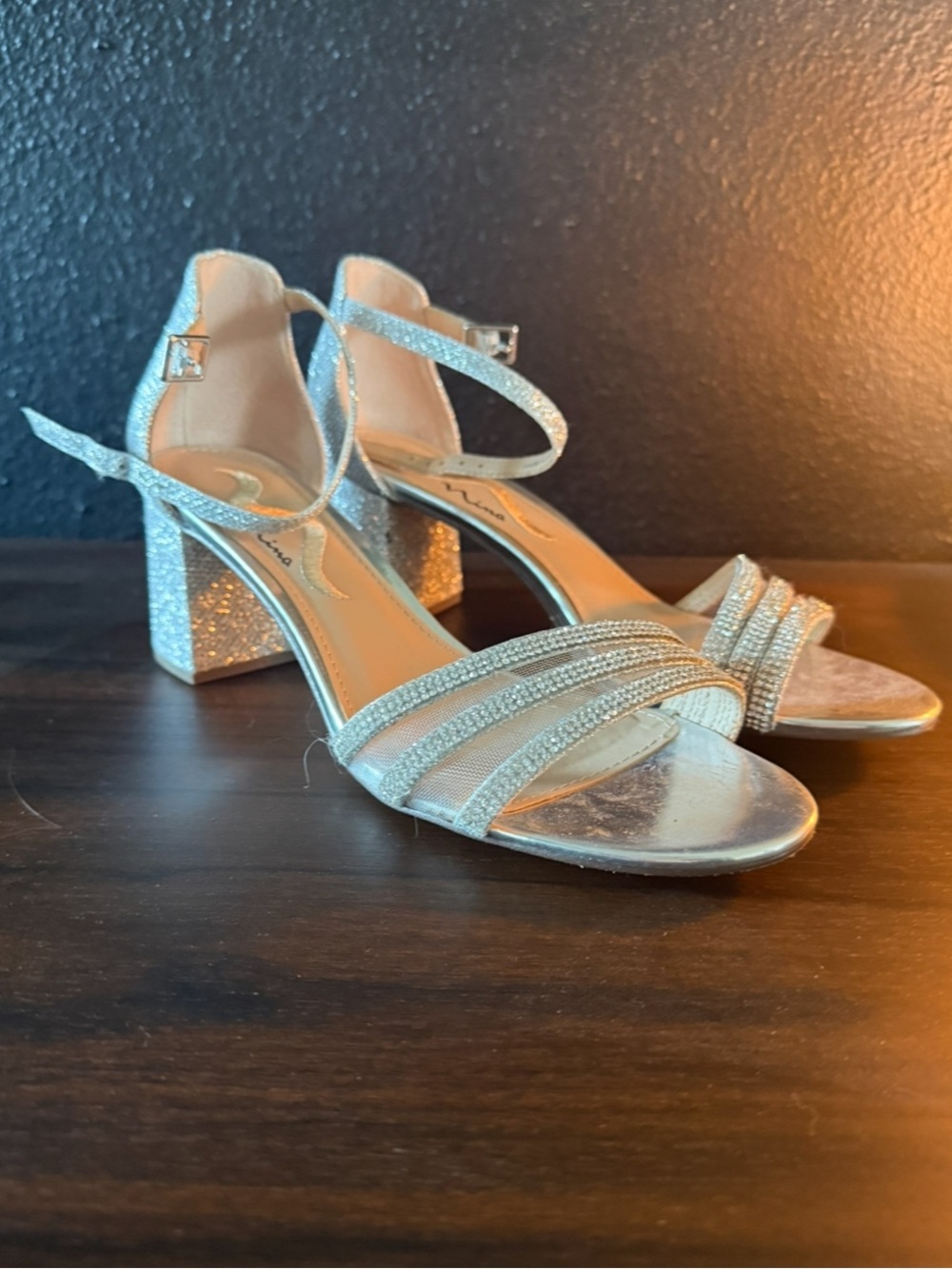Nina Silver Glitter Block Heel Sandals with Ankle Strap
